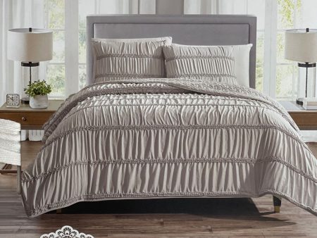 3 piece queen Anastasia  comforter bedspread beige taupe latte ruffles Online now