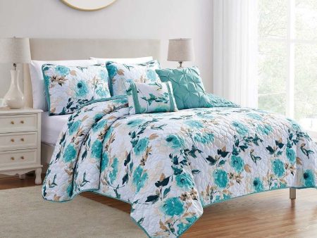 5 piece set Queen   king bedspread coverlet floral green blue turquoise aqua summer vibrant Relax Discount