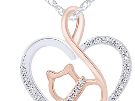 0.1 Cttw Round Natural Diamond Two Tone Open Heart Cat Pendant in 14K Gold Over Sterling Silver Online Hot Sale