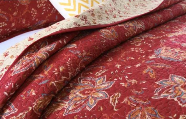 Sale 3 piece coverlet bedspread queen king reversible quilted burgundy red floral beige Hot on Sale