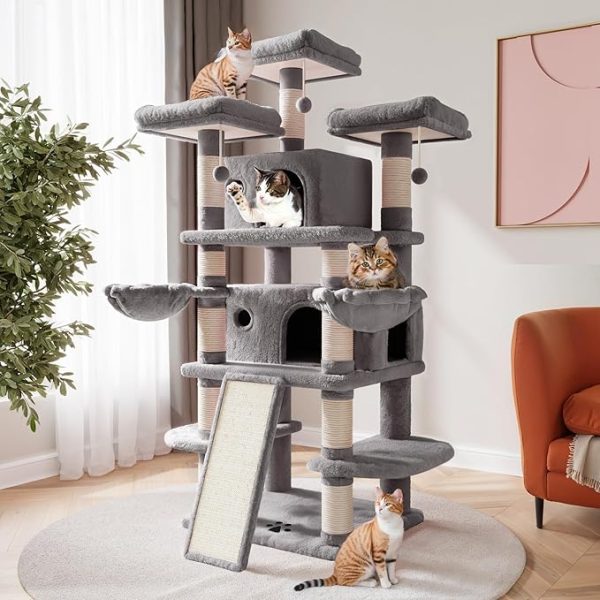 SHA CERLIN 68 Inches Multi-Level Large Cat Tree for Large Kitties Big Cat Tower with Condo Cozy Plush ‌Pussycat Perches Sisal Scratching Posts and Hammocks Activity Center Grey Sale