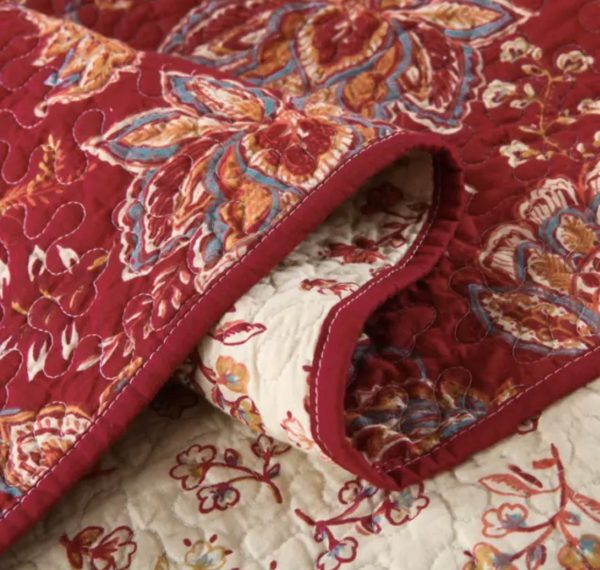 Sale 3 piece coverlet bedspread queen king reversible quilted burgundy red floral beige Hot on Sale