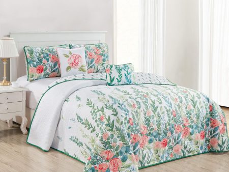 5 piece bedspread queen  king   floral  white green  blue Supply