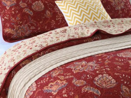 Sale 3 piece coverlet bedspread queen king reversible quilted burgundy red floral beige Hot on Sale