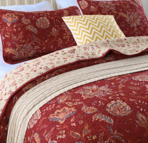 Sale 3 piece coverlet bedspread queen king reversible quilted burgundy red floral beige Hot on Sale