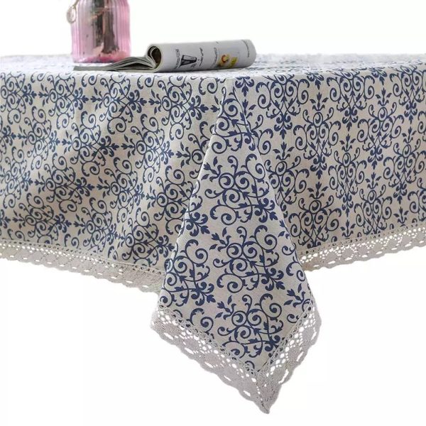 6-8 seater Vintage table cover navy linen lace on Sale