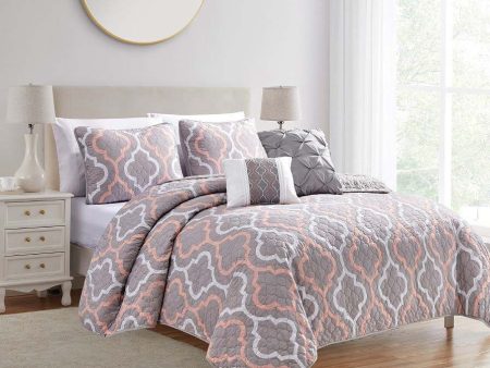 Queen  king bedspread 5 piece package deal geometric grey pink Online now