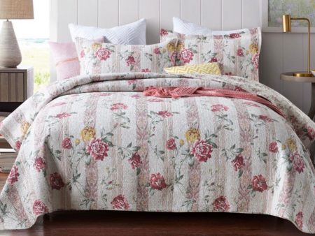 3 piece cotton bedspread pink beige coverlet girl pink vintage provincial floral pretty cotton reversible quilted Hot on Sale