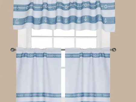 3 piece kitchen curtain nautical white blue Fashion