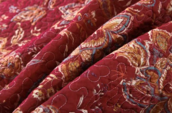 Sale 3 piece coverlet bedspread queen king reversible quilted burgundy red floral beige Hot on Sale