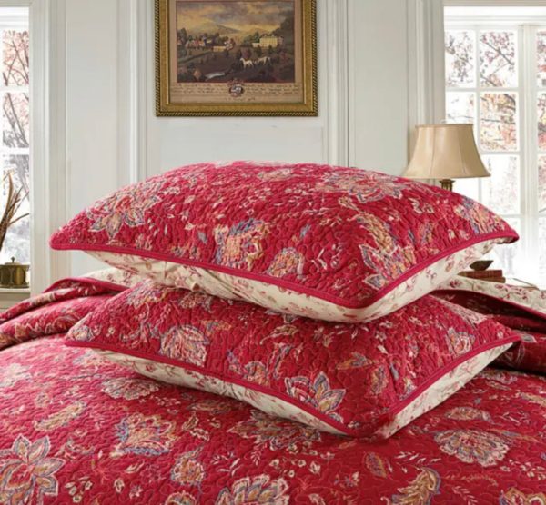 Sale 3 piece coverlet bedspread queen king reversible quilted burgundy red floral beige Hot on Sale