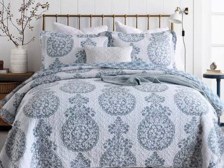 Sale 3 piece  blue bedspread coverlet cotton queen king provincial blue white classical vintage reversible Hot on Sale