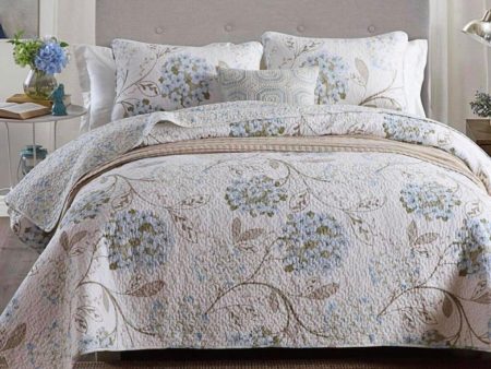 Sale 3 piece bedspread coverlet cotton queen king blossom blue beige Online Hot Sale