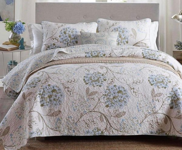 Sale 3 piece bedspread coverlet cotton queen king blossom blue beige Online Hot Sale