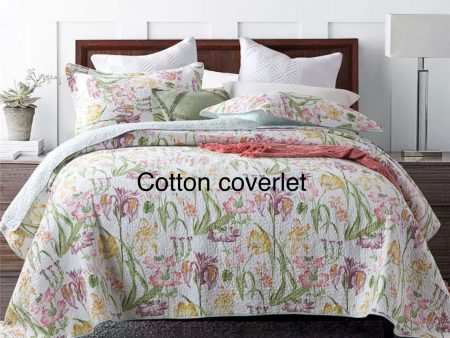 Sale 3 piece  bedspread coverlet cotton queen king floral white pink purple yellow green reversible summer vibrant Online Hot Sale