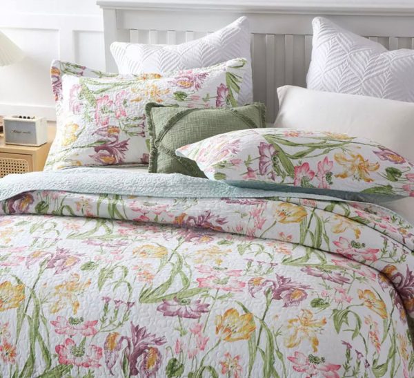 Sale 3 piece  bedspread coverlet cotton queen king floral white pink purple yellow green reversible summer vibrant Online Hot Sale