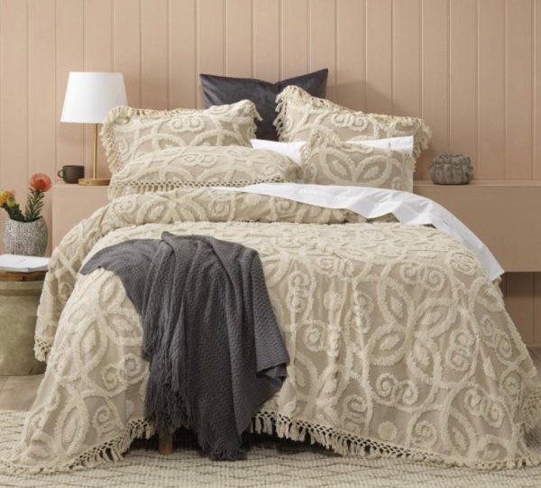 Sheba by Bianca coverlet queen double cotton chenille bedspread beige taupe For Sale