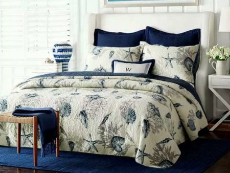 3 piece  blue bedspread coverlet cotton queen king provincial blue navy  beige nautical shell coral reversible Online now