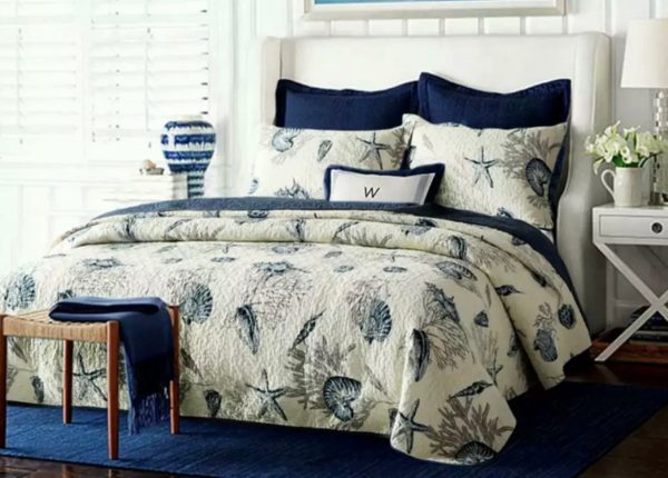 3 piece  blue bedspread coverlet cotton queen king provincial blue navy  beige nautical shell coral reversible Online now