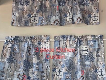 3 piece kitchen curtain nautical white blue beach water replent Online Hot Sale