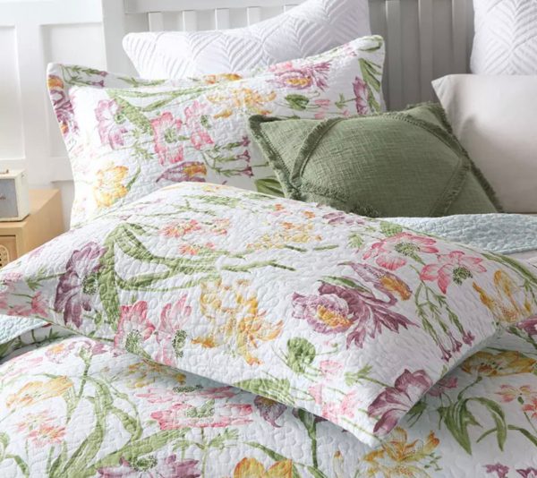 Sale 3 piece  bedspread coverlet cotton queen king floral white pink purple yellow green reversible summer vibrant Online Hot Sale